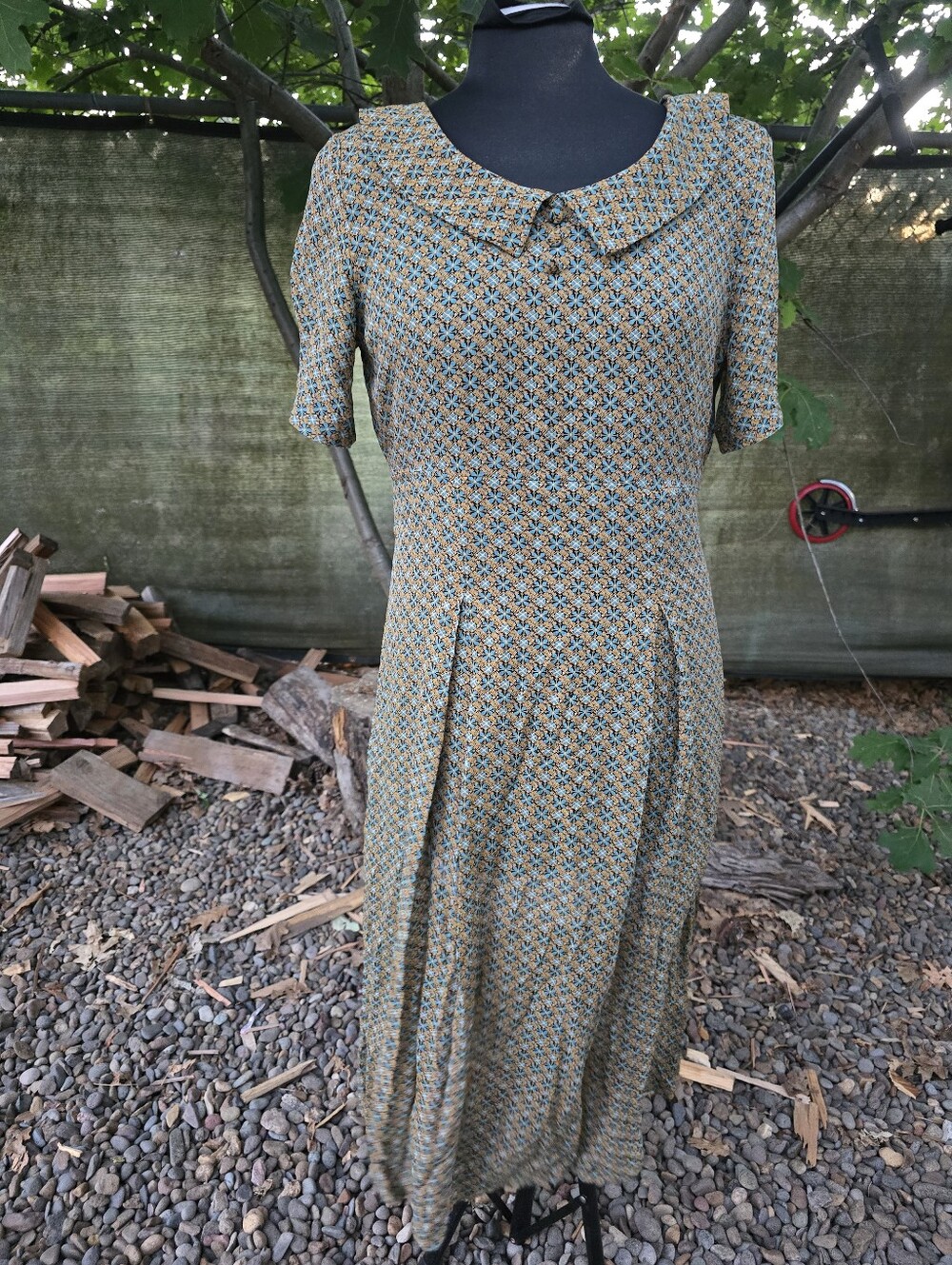 Vtg 80's 90's Semi-Sheer Geometric Tile Midi Tea Dress Whimsigoth Librariancore